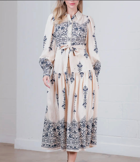 Taupe & Navy Print Dress