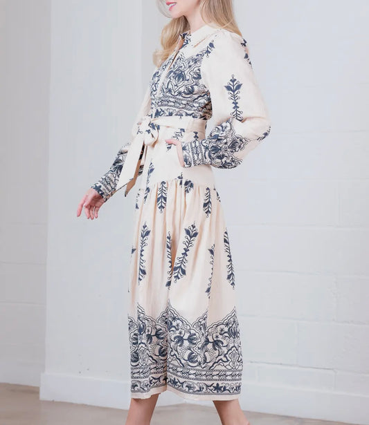 Taupe & Navy Print Dress