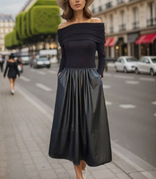 Black Faux Leather Midi Dress