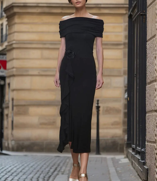 Black Jersey Skirt with Flower Appliqué