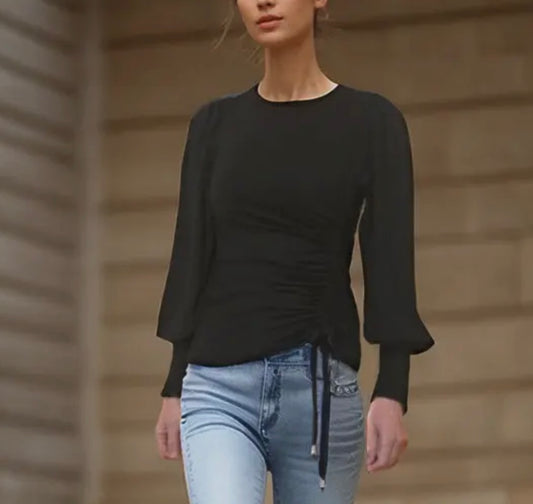 Black Jersey Top with Side Drawstring Detail