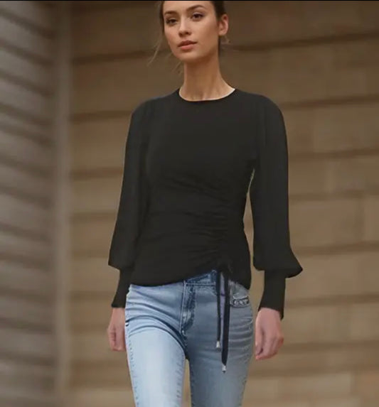 Black Jersey Top with Side Drawstring Detail