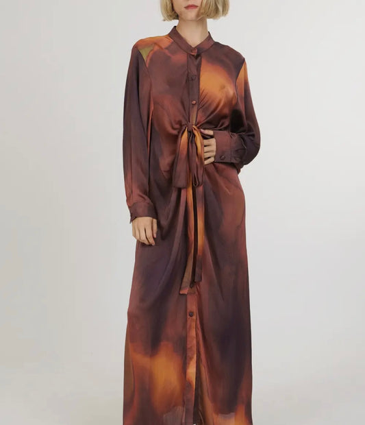 Brown & Orange Tie Dye Print Dress