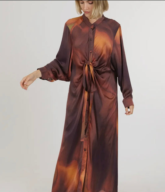 Brown & Orange Tie Dye Print Dress