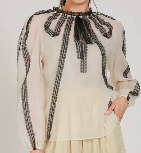 Cream Blouse with Black Lace Embellishment