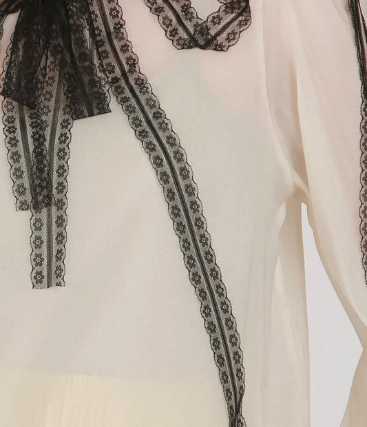 Cream Blouse with Black Lace Embellishment