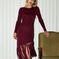 Wine Knit Dress with Fringe Detail