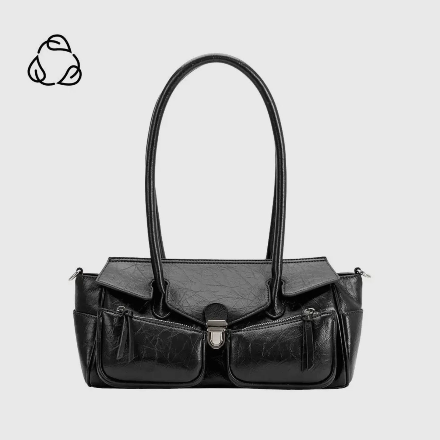 Wide Vegan Leather Handbag with Front Pockets
