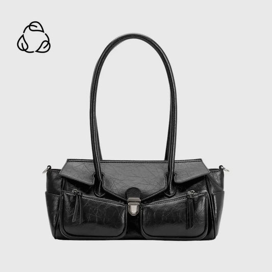Wide Vegan Leather Handbag with Front Pockets