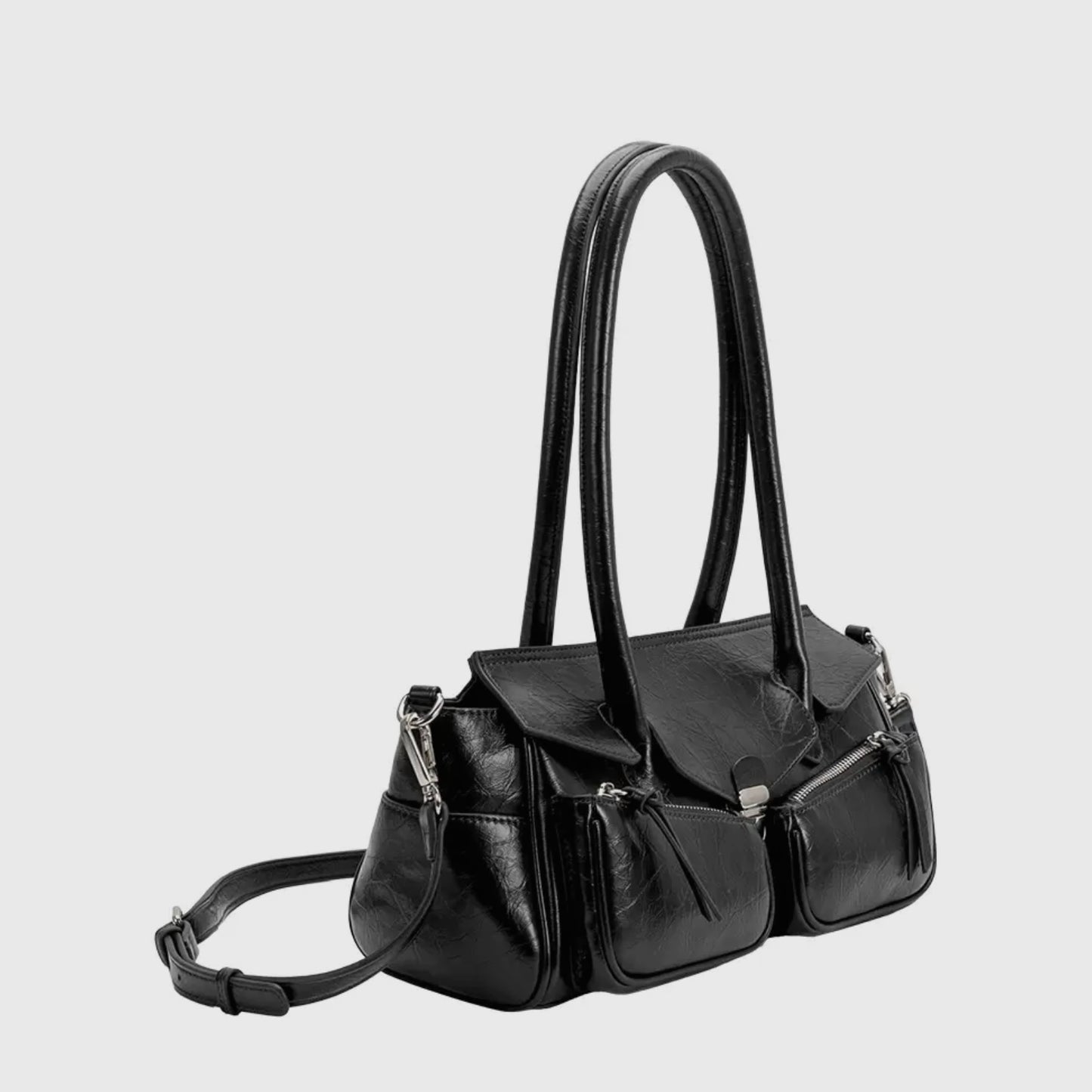 Wide Vegan Leather Handbag with Front Pockets