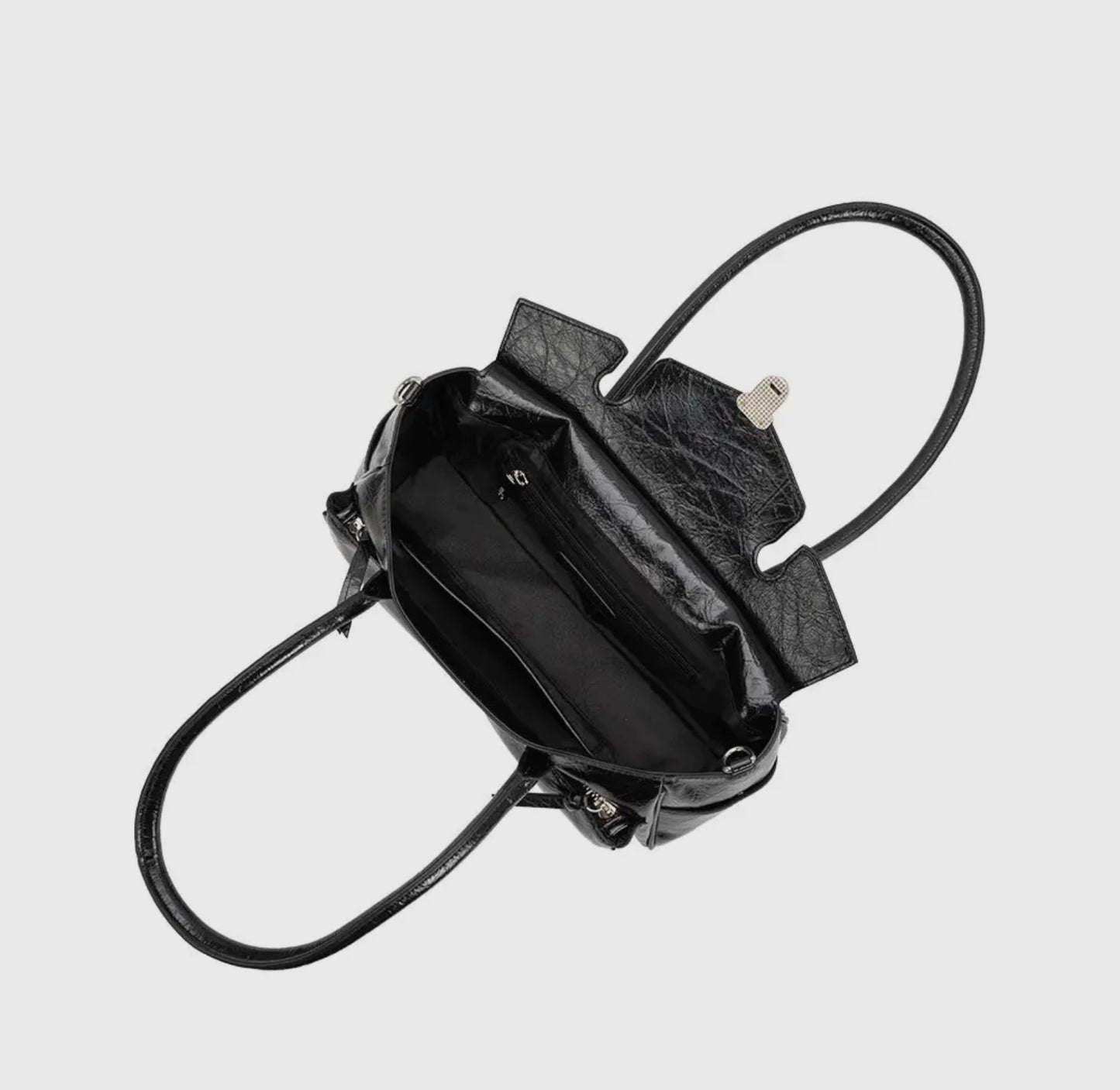 Wide Vegan Leather Handbag with Front Pockets