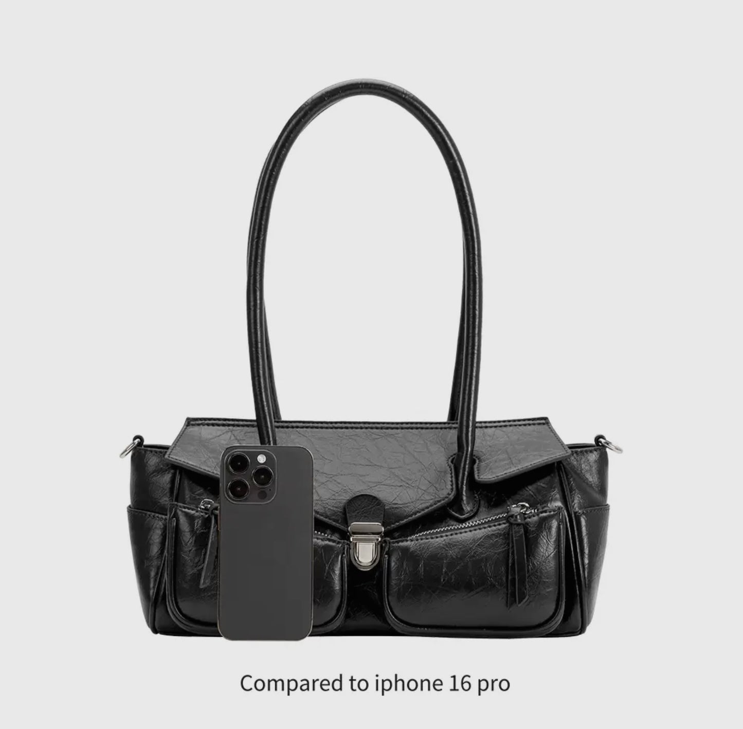 Wide Vegan Leather Handbag with Front Pockets