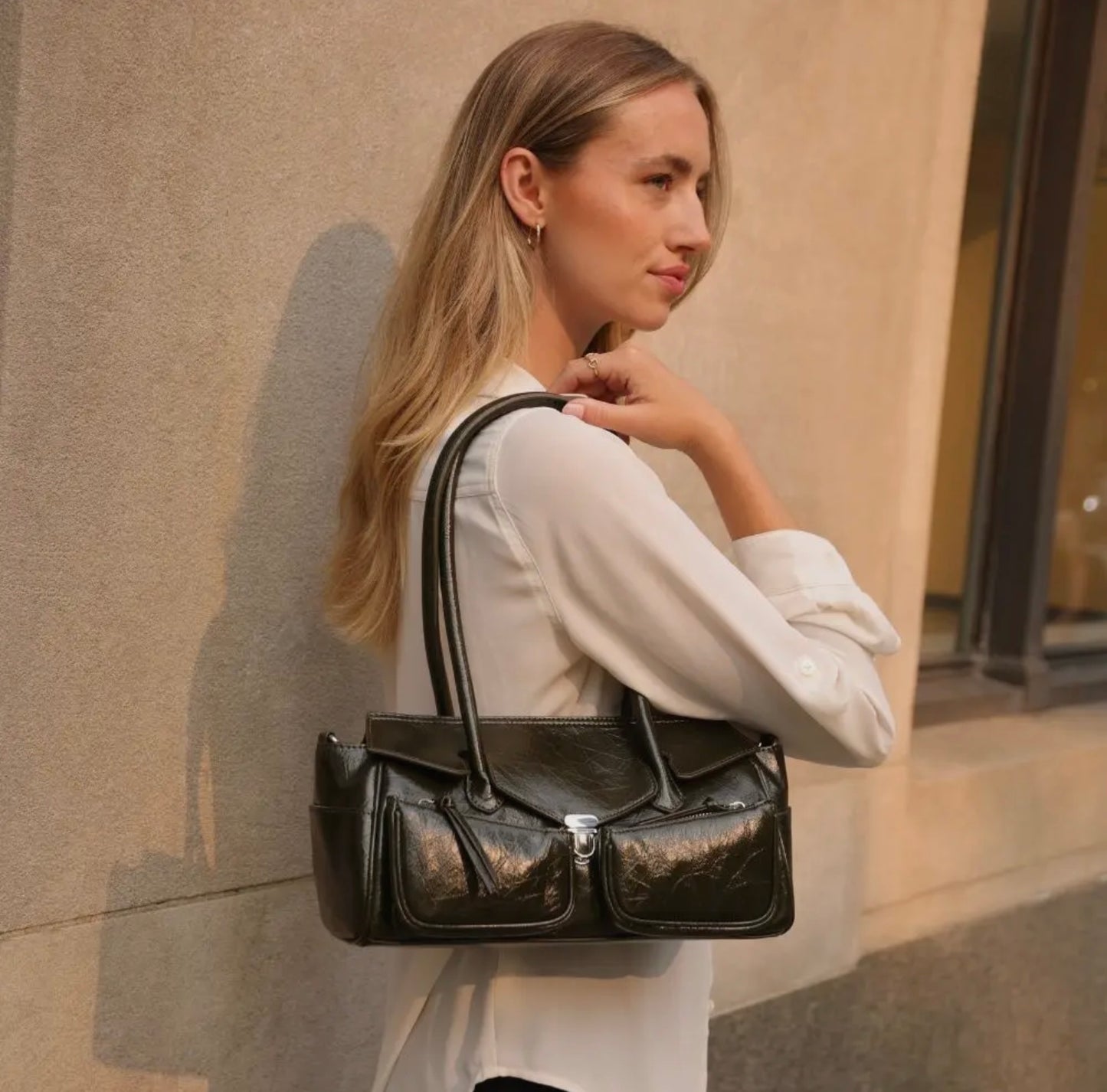 Wide Vegan Leather Handbag with Front Pockets