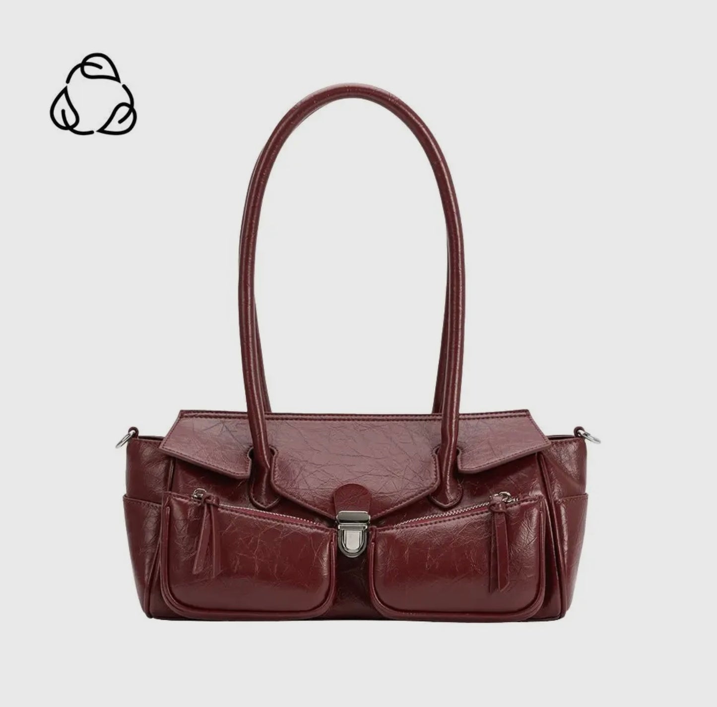 Wide Vegan Leather Handbag with Front Pockets