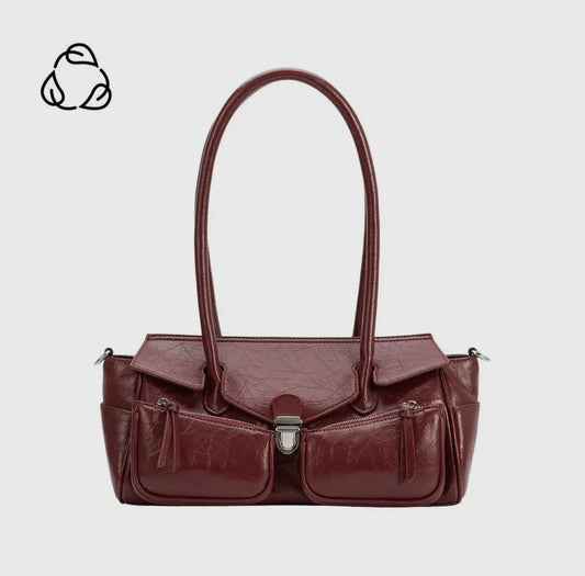 Wide Vegan Leather Handbag with Front Pockets