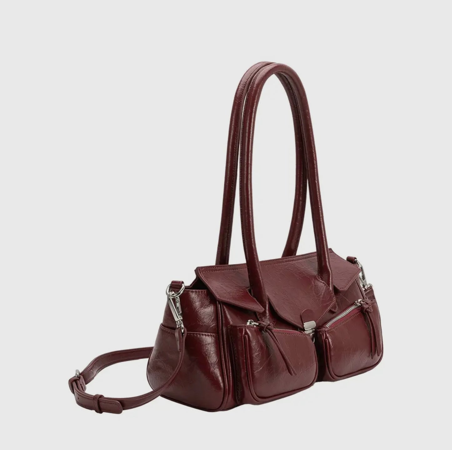 Wide Vegan Leather Handbag with Front Pockets