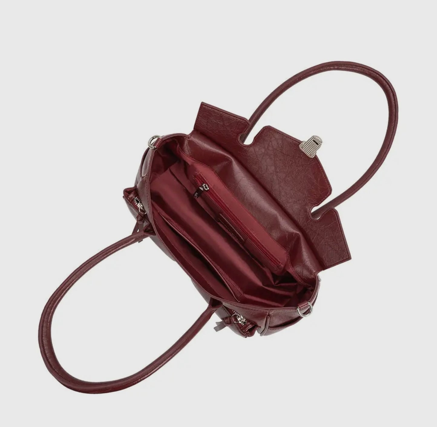 Wide Vegan Leather Handbag with Front Pockets
