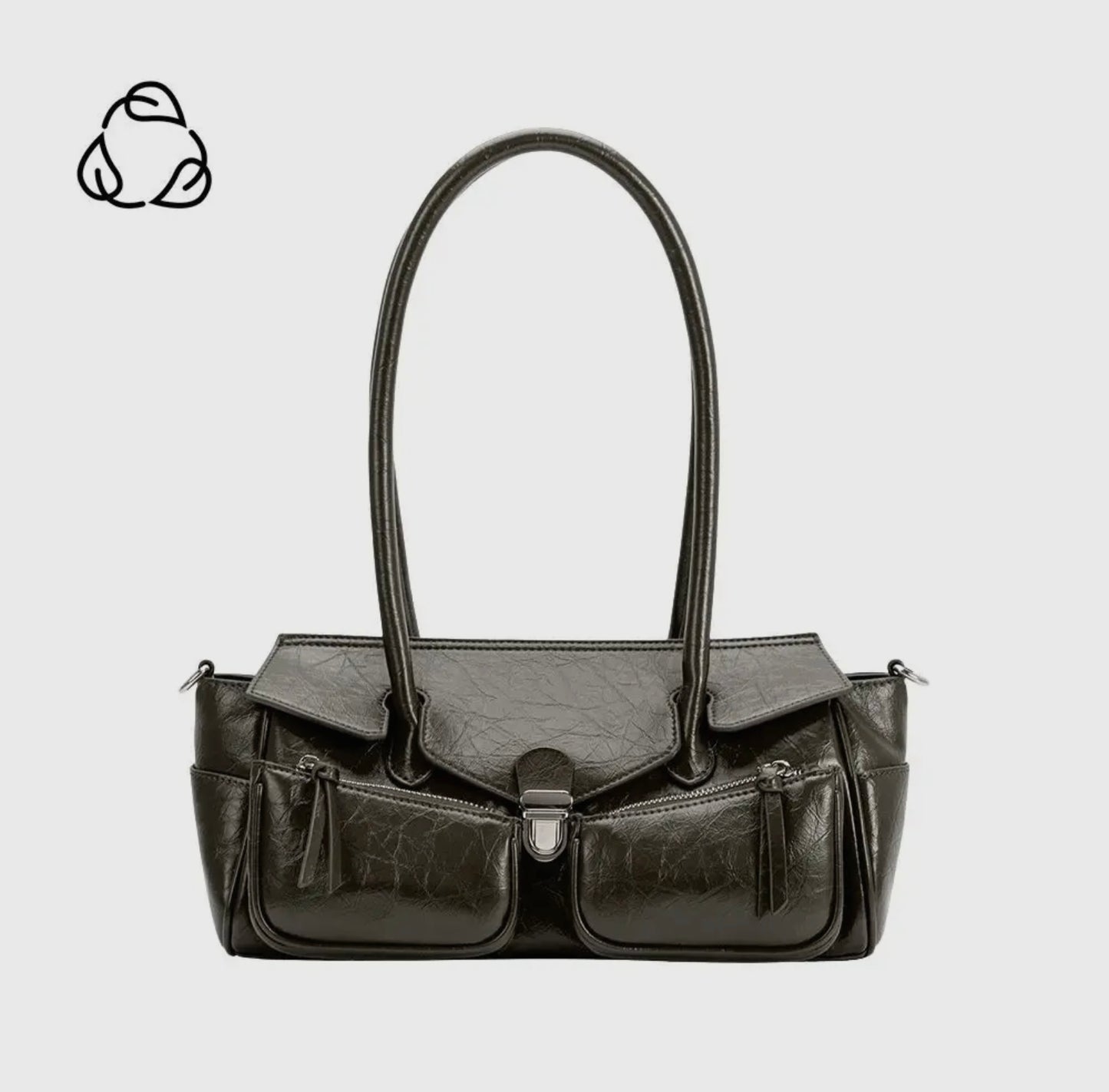 Wide Vegan Leather Handbag with Front Pockets
