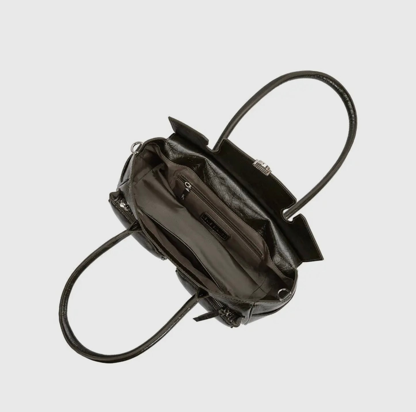 Wide Vegan Leather Handbag with Front Pockets
