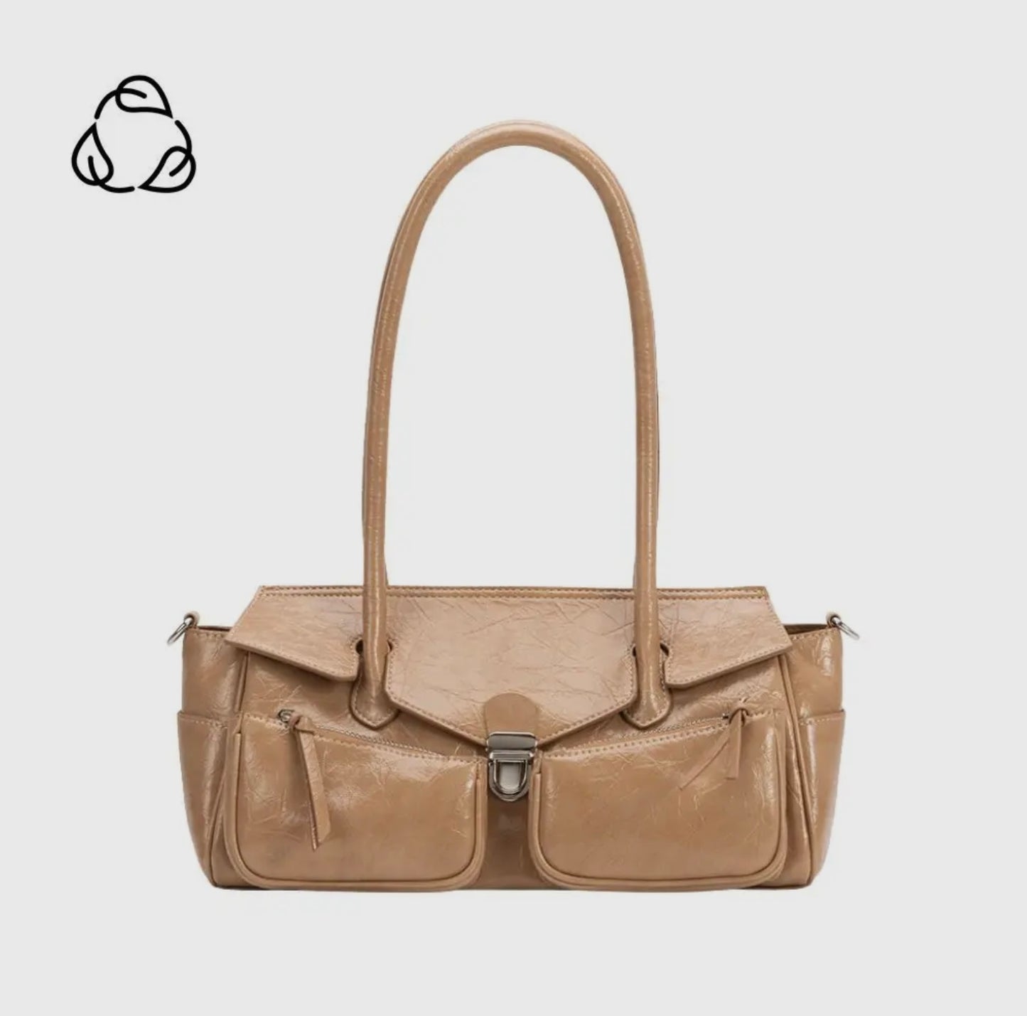 Wide Vegan Leather Handbag with Front Pockets