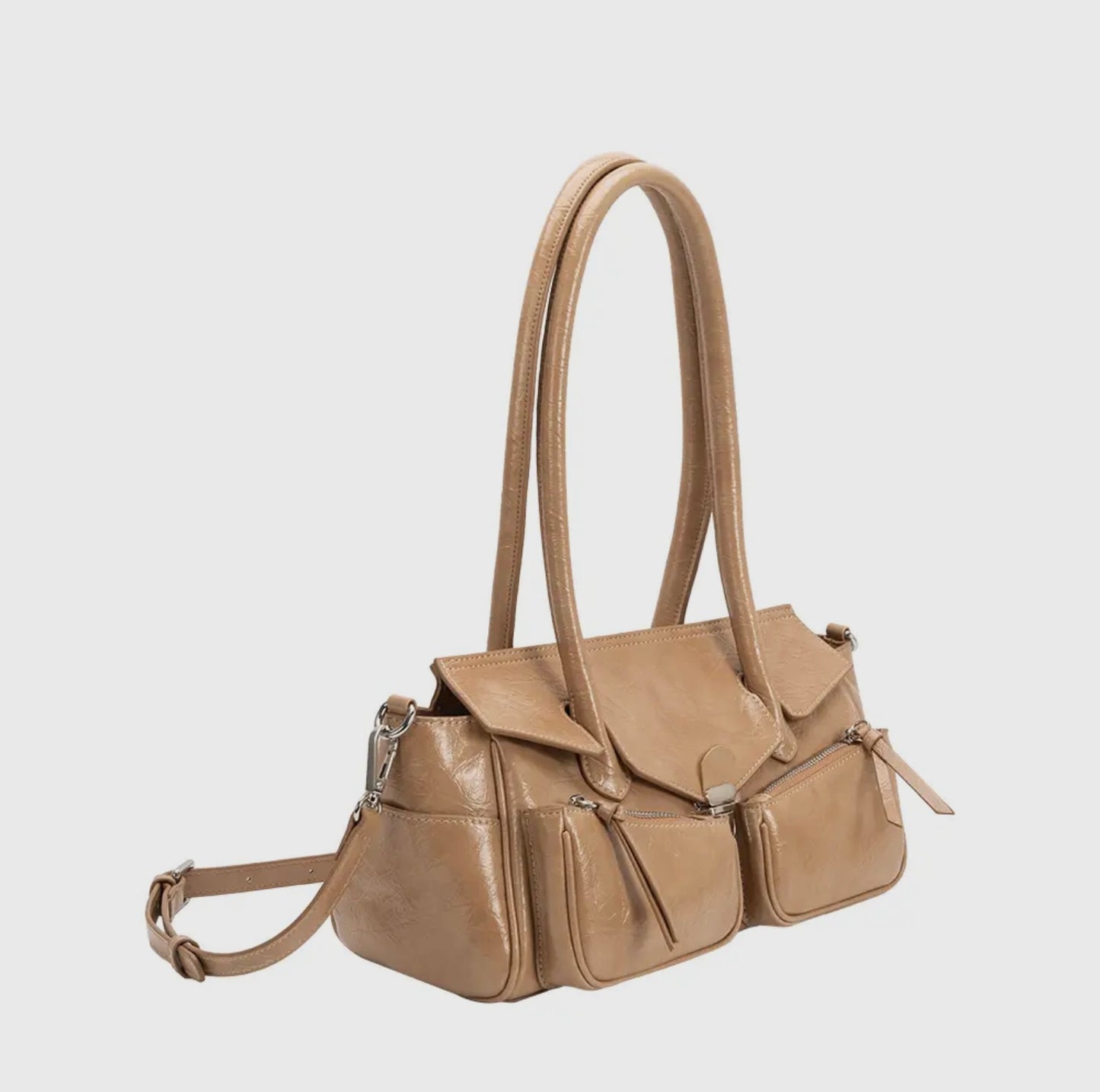Wide Vegan Leather Handbag with Front Pockets