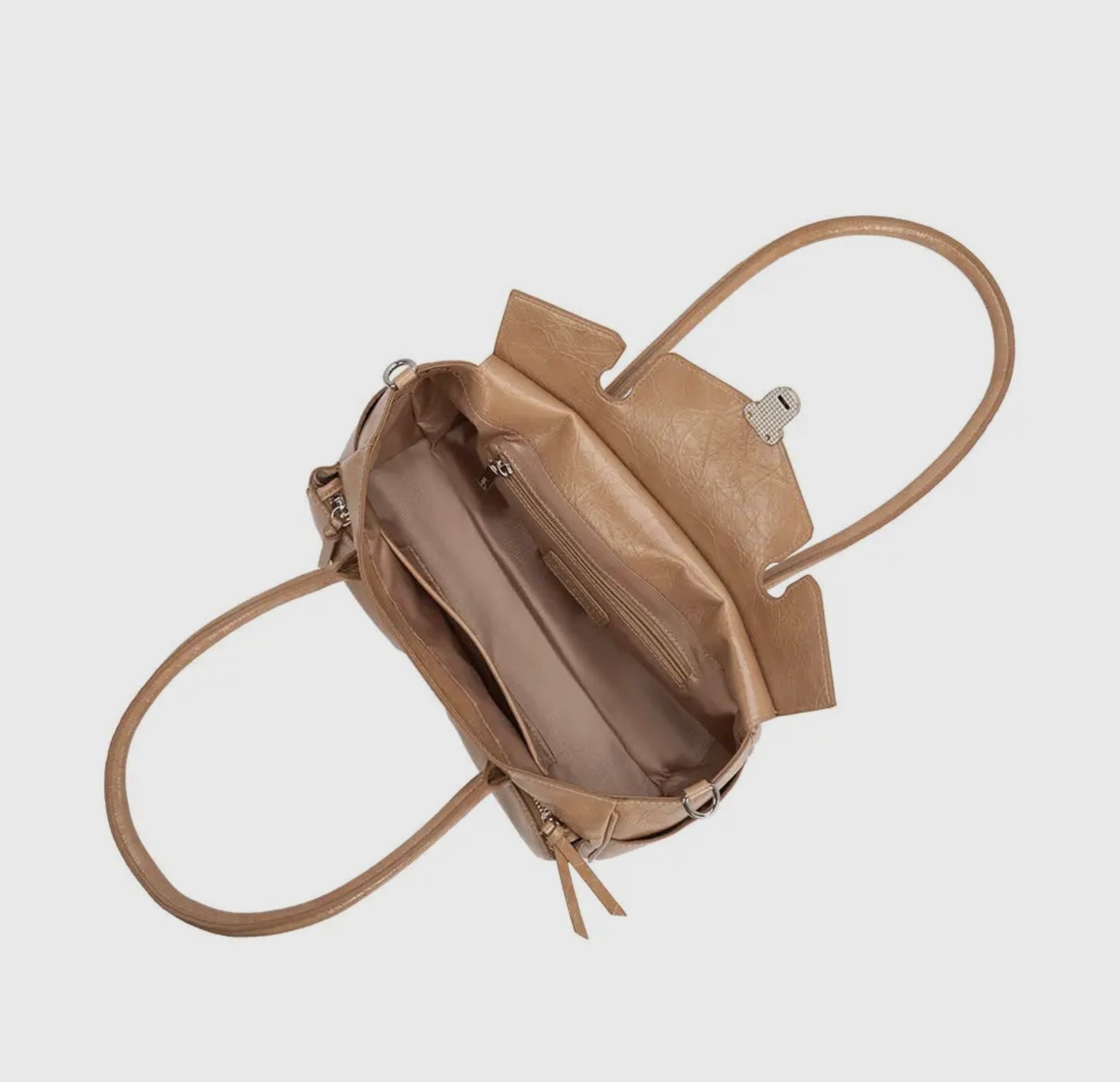 Wide Vegan Leather Handbag with Front Pockets