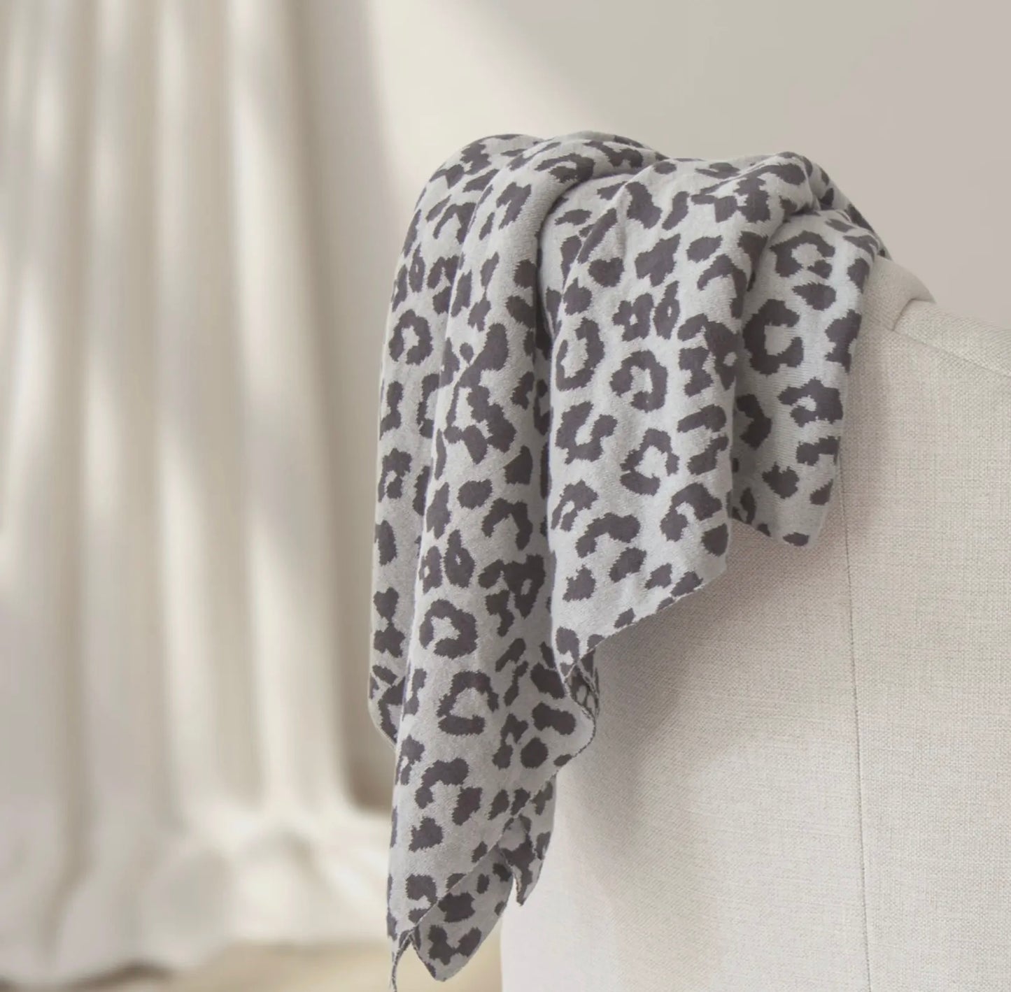 Leopard Cotton Knit Throw - Charcoal