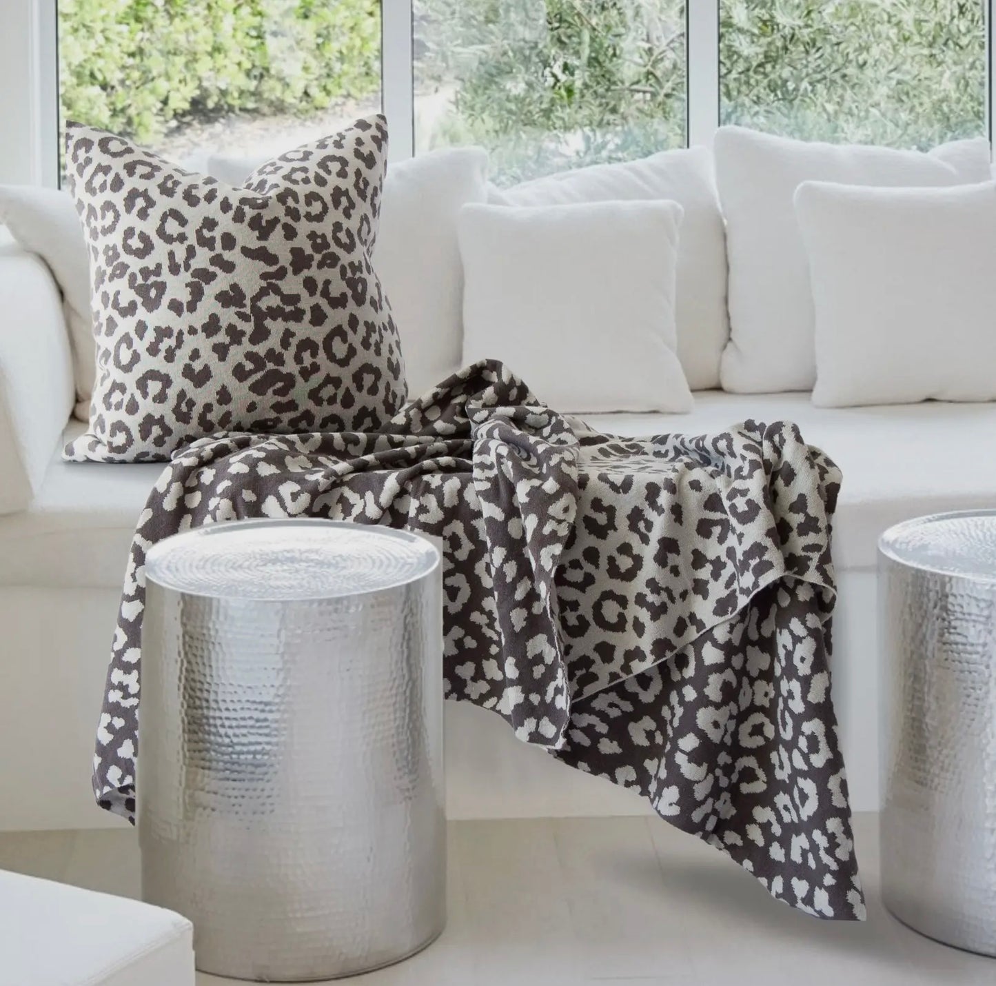 Leopard Cotton Knit Throw - Charcoal