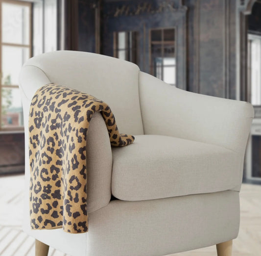 Leopard Cotton Knit Throw - Beige