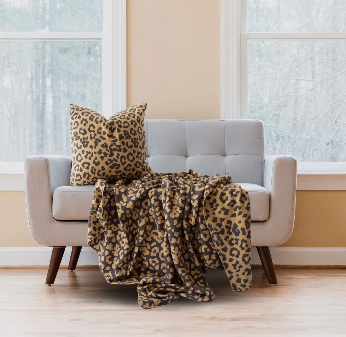 Leopard Cotton Knit Throw - Beige
