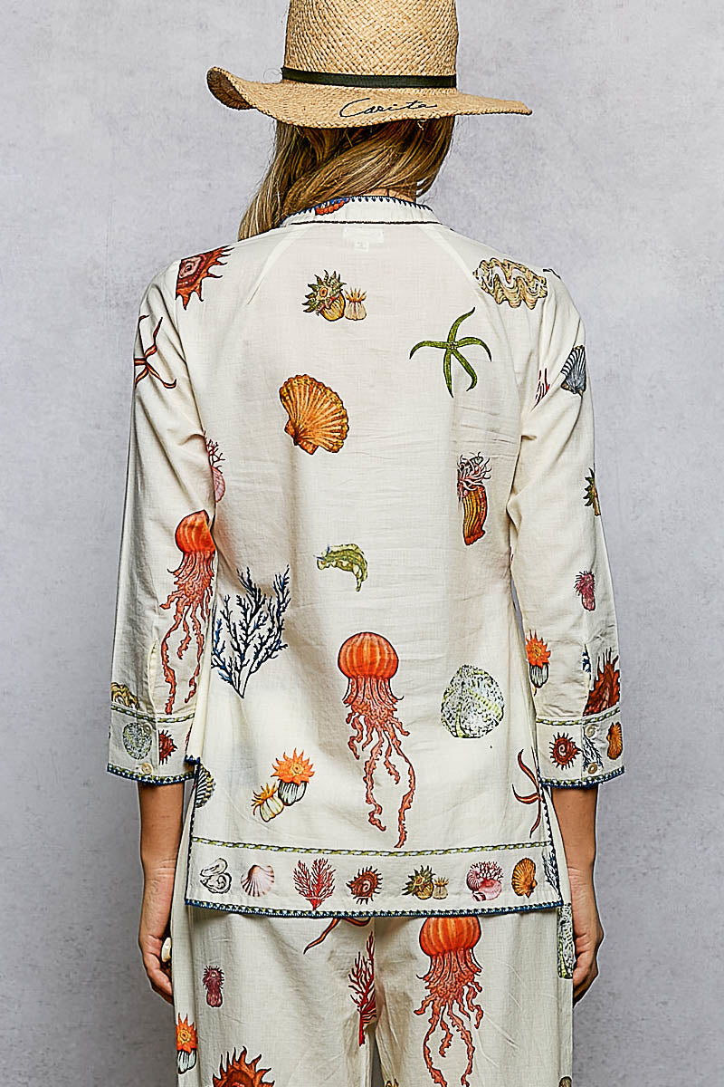 Off White Print Shirt with Cowrie Shell Detail