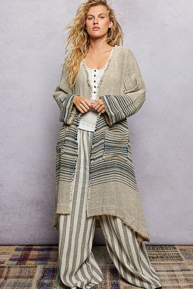 Natural Stripe Raw Linen Kimono Cardigan