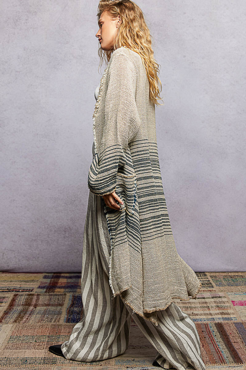 Natural Stripe Raw Linen Kimono Cardigan