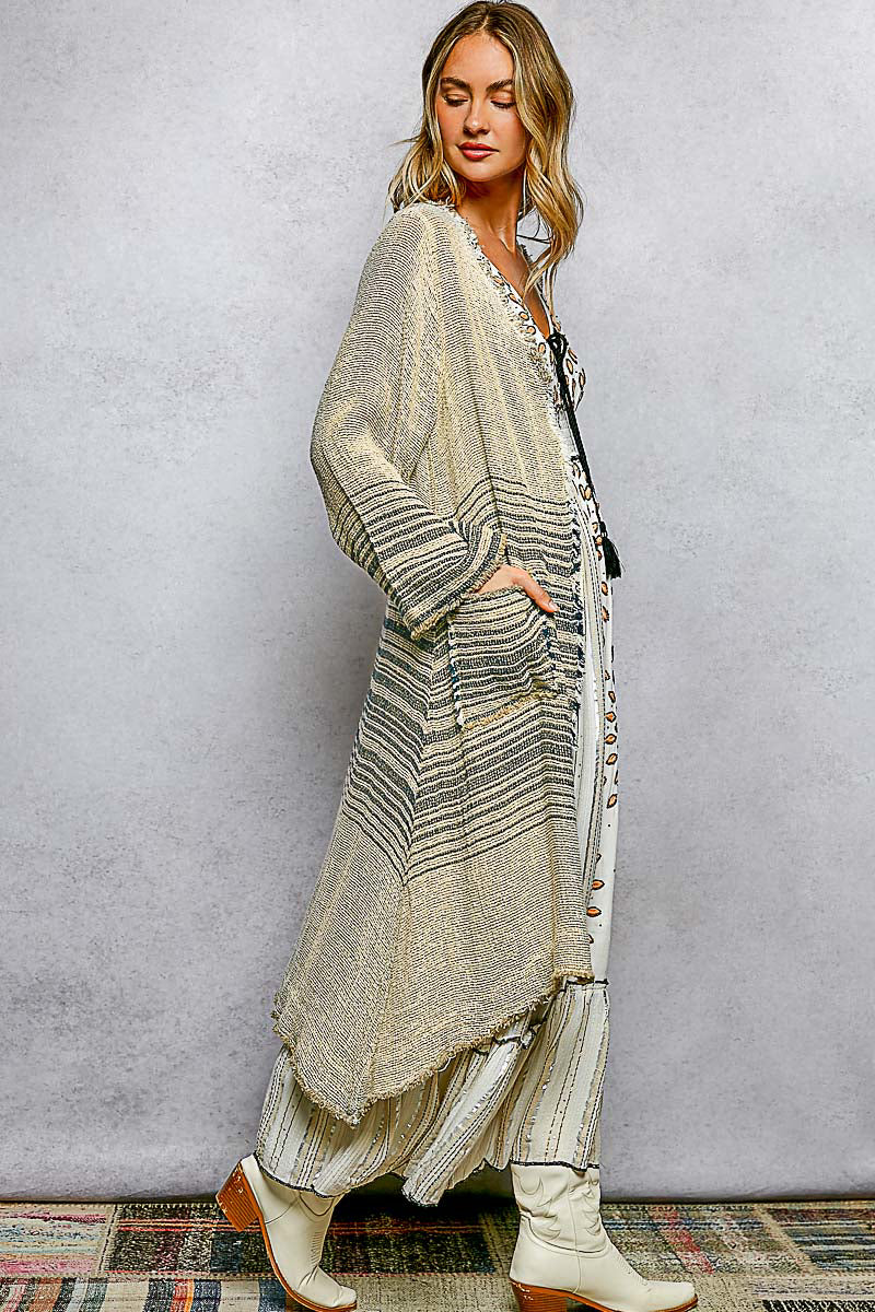 Natural Stripe Raw Linen Kimono Cardigan