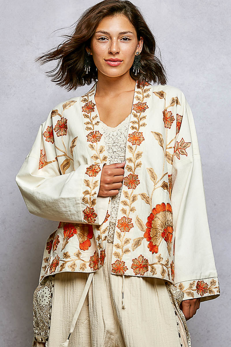 Orange Embroidered Kimono Jacket