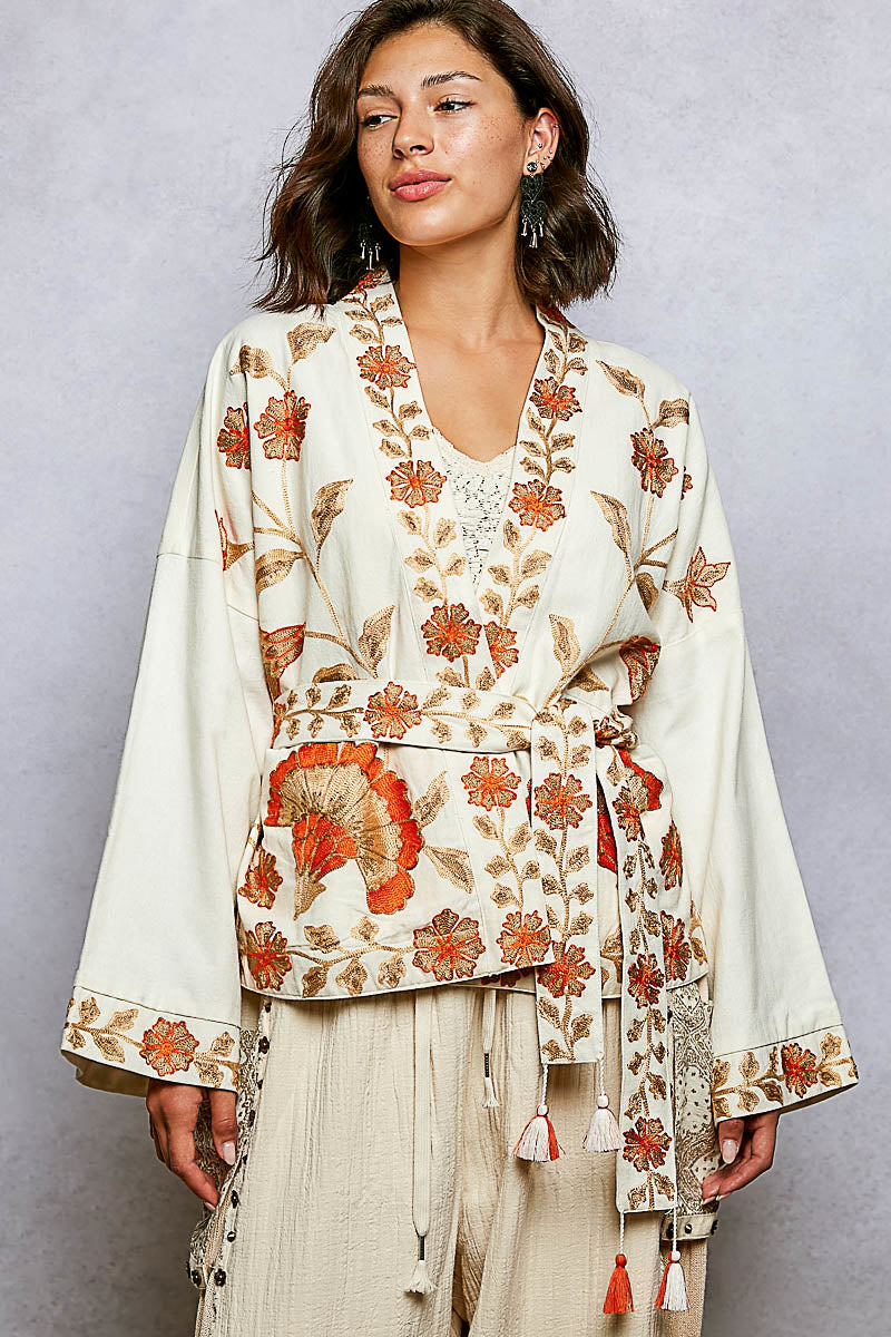 Orange Embroidered Kimono Jacket