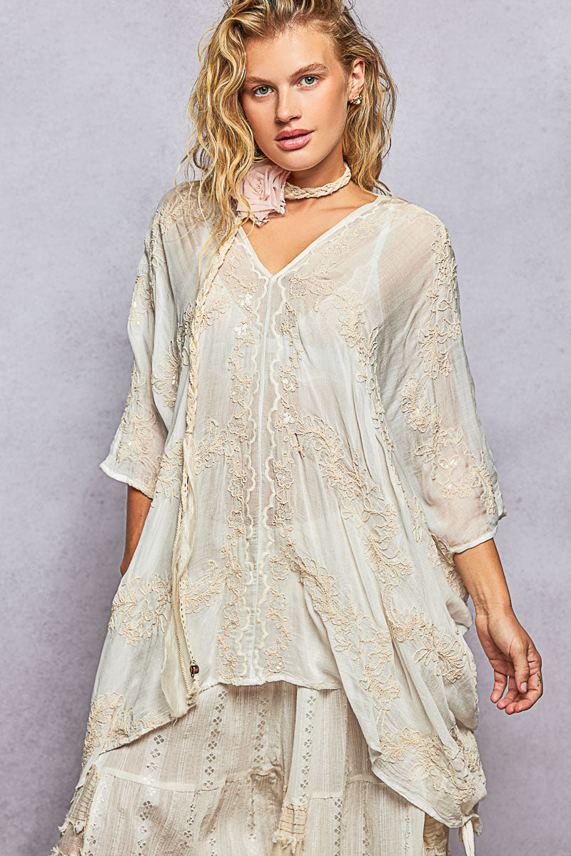 Off White Kimono Top with Sequins & Embroidered Detail