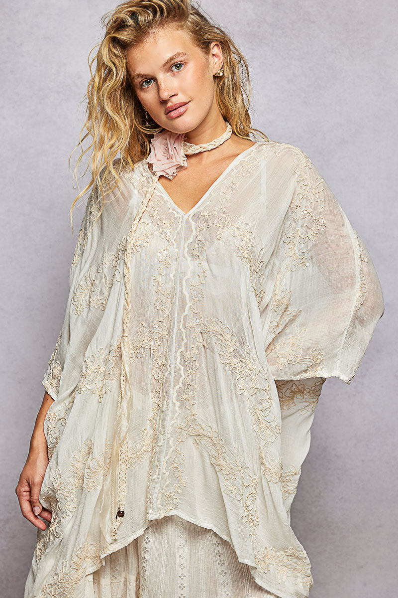 Off White Kimono Top with Sequins & Embroidered Detail