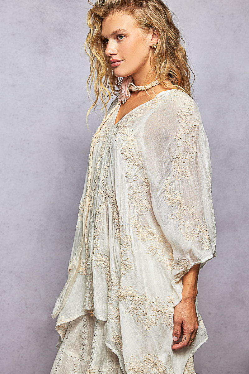 Off White Kimono Top with Sequins & Embroidered Detail