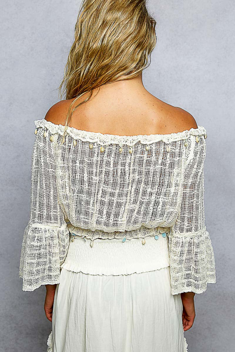 Off Shoulder Raw Linen Top with Seashells
