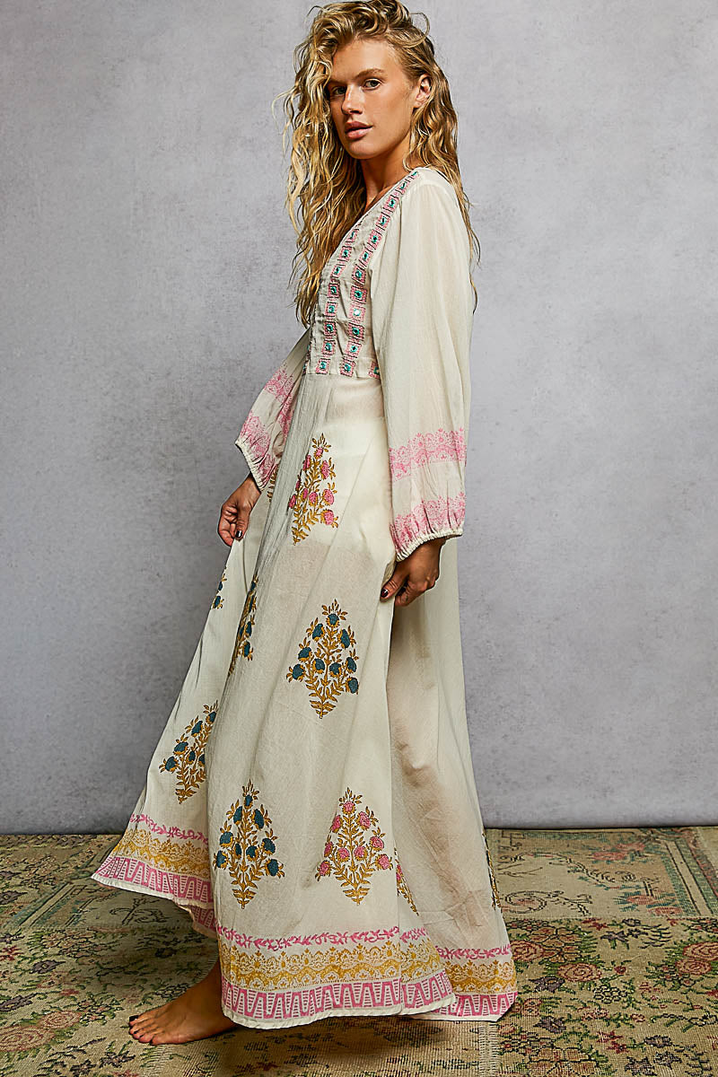 Off White Dress with Block Print & Mirror Detailing