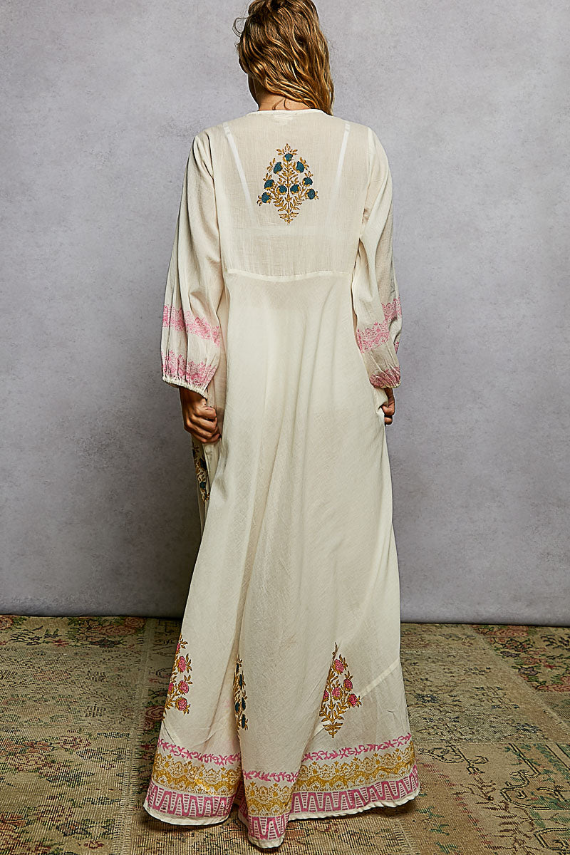 Off White Dress with Block Print & Mirror Detailing