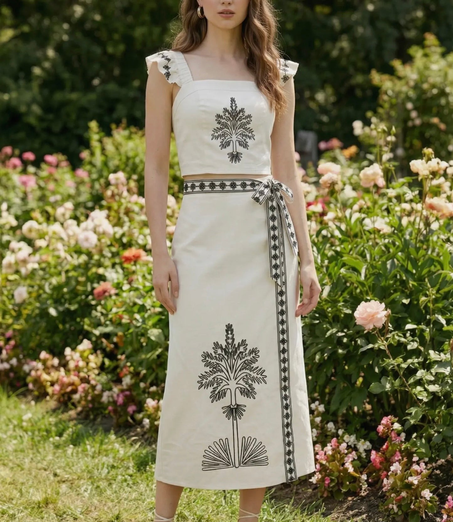 Cream & Black Embroidered Skirt Set