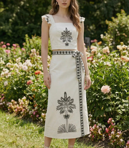 Cream & Black Embroidered Skirt Set