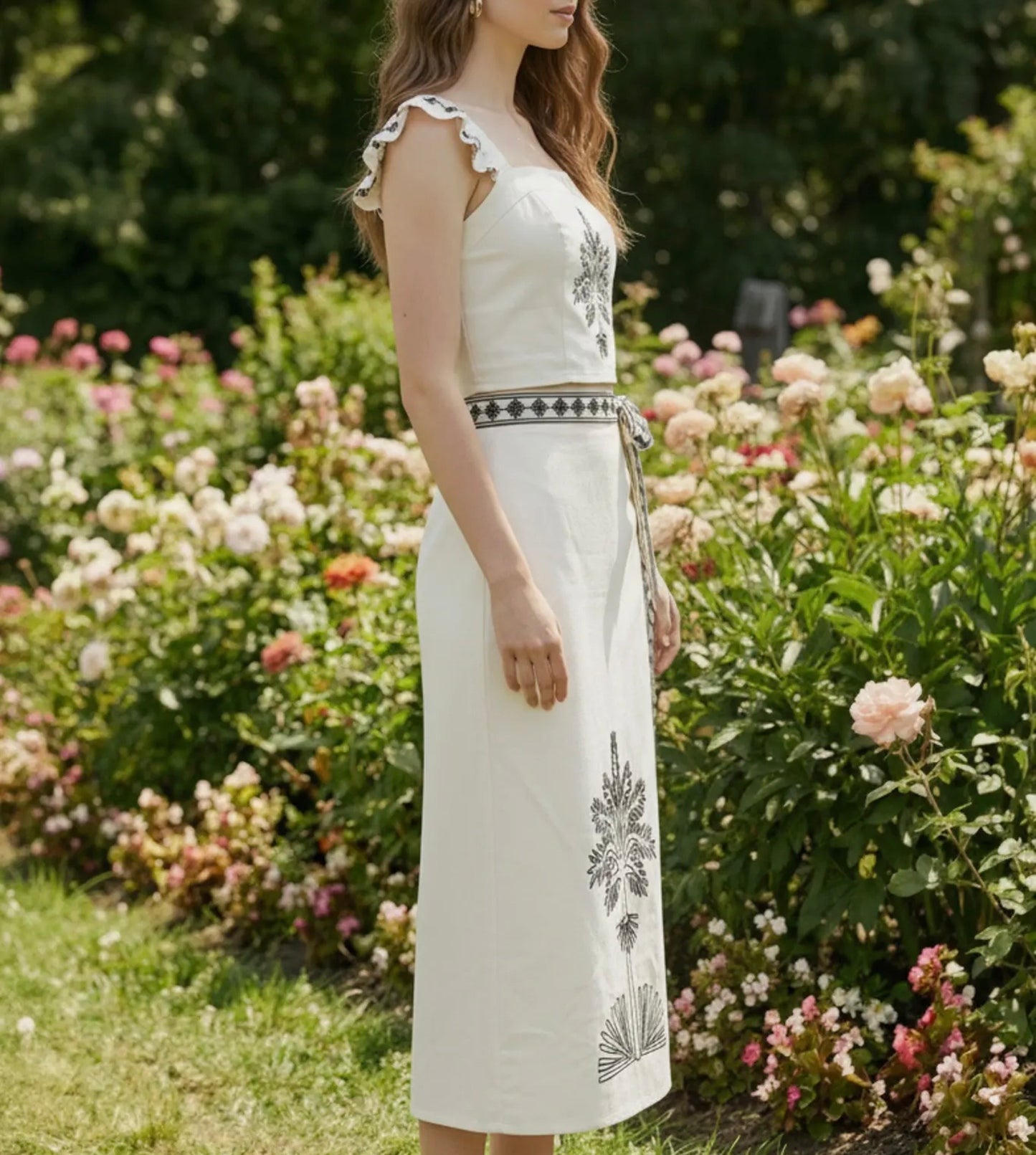 Cream & Black Embroidered Skirt Set