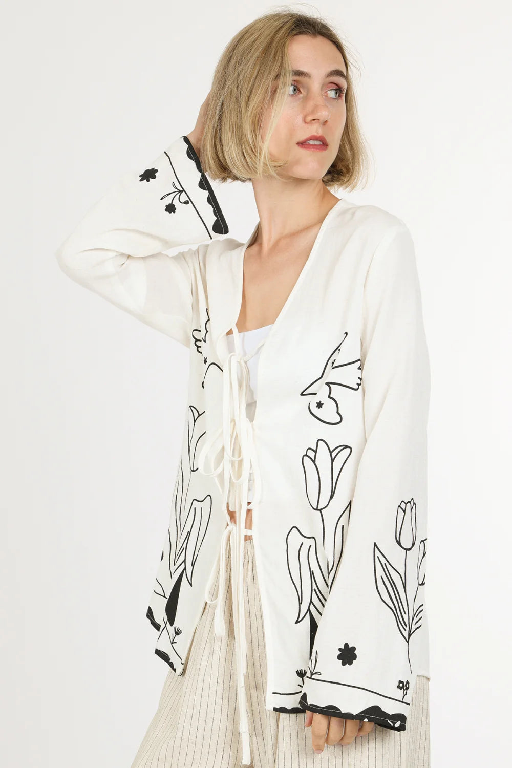 Off White & Black Print Tie Up Top