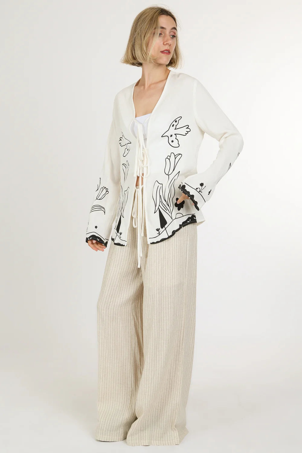Off White & Black Print Tie Up Top