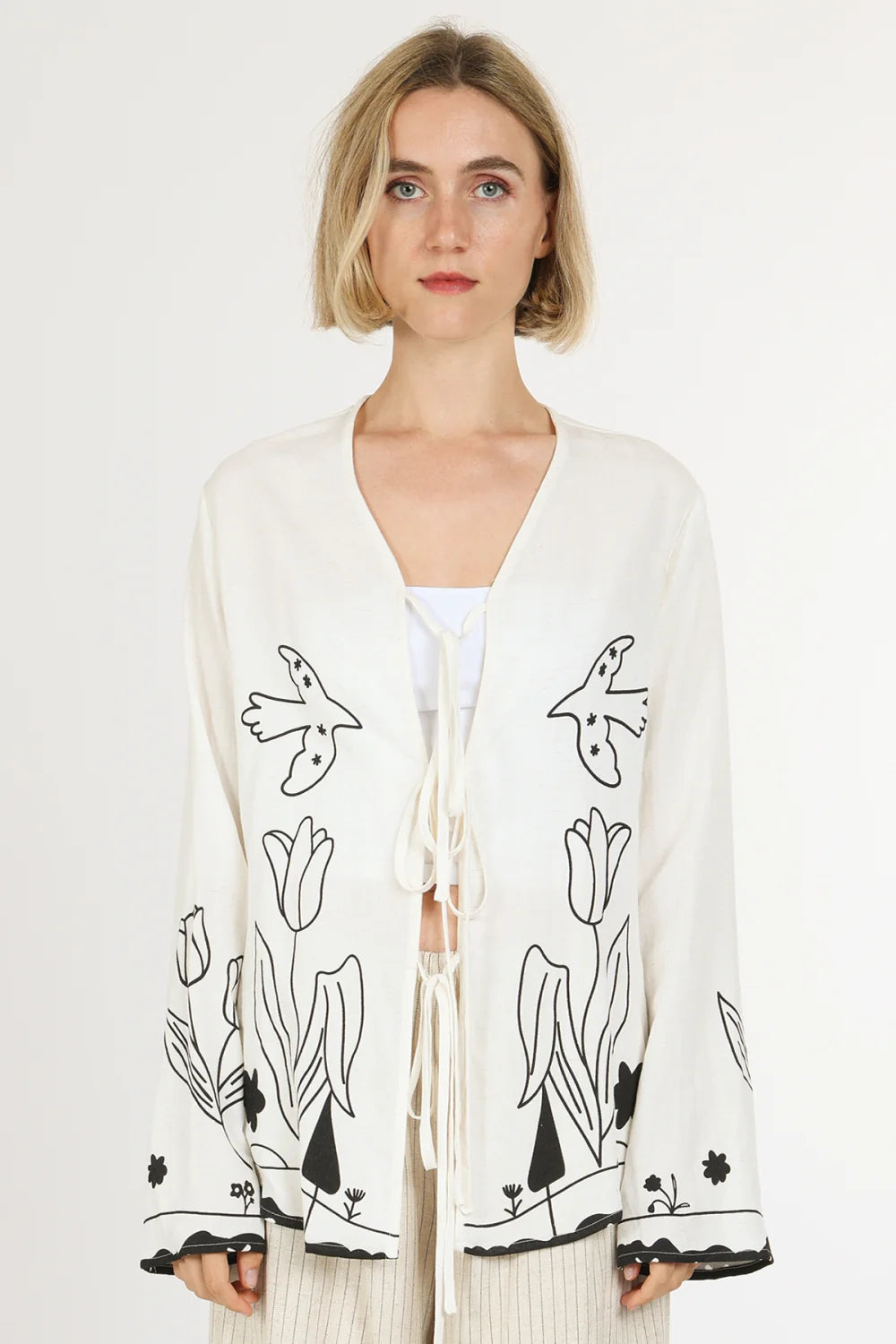 Off White & Black Print Tie Up Top