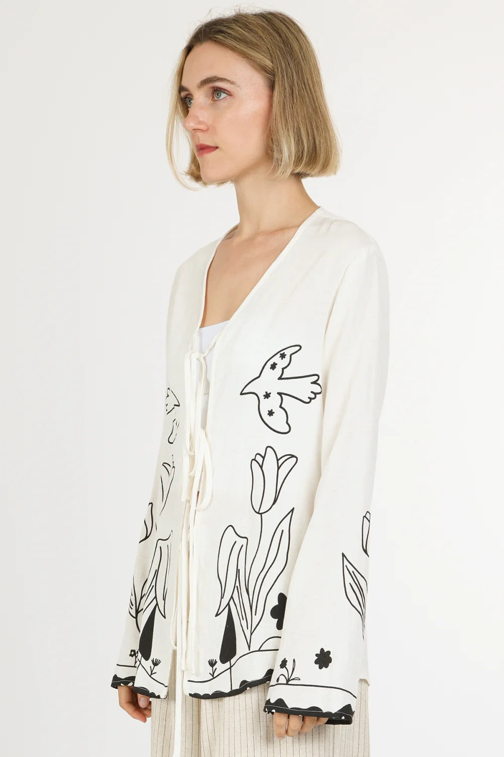 Off White & Black Print Tie Up Top