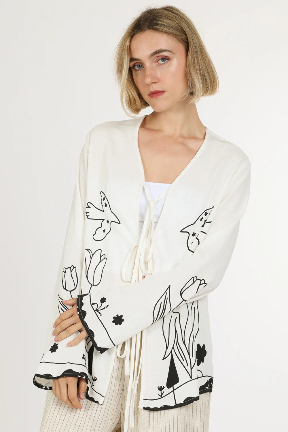 Off White & Black Print Tie Up Top